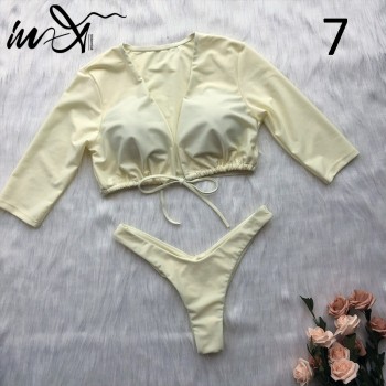 In-X Long sleeve swimsuit Solid brazilian swimwear women High cut thong bikinis 2020 mujer Bondage bathing suit Sexy beach wear